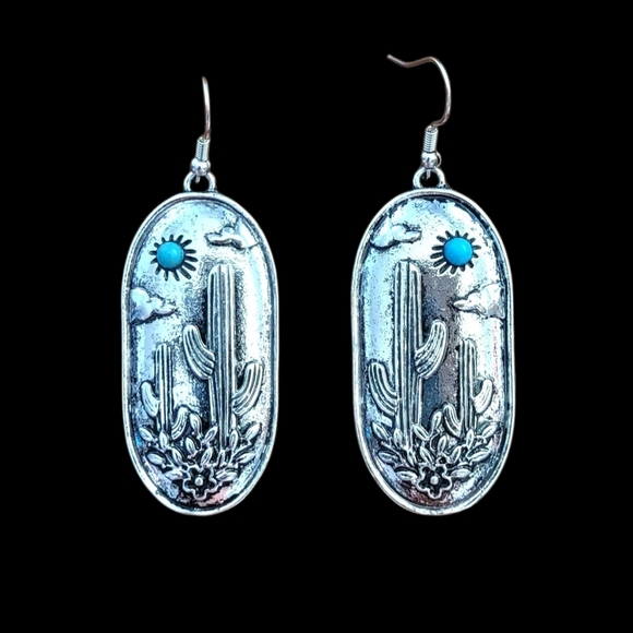 Western Silver And Turquoise Oval Cactus Earrings New - Picture 3 of 3